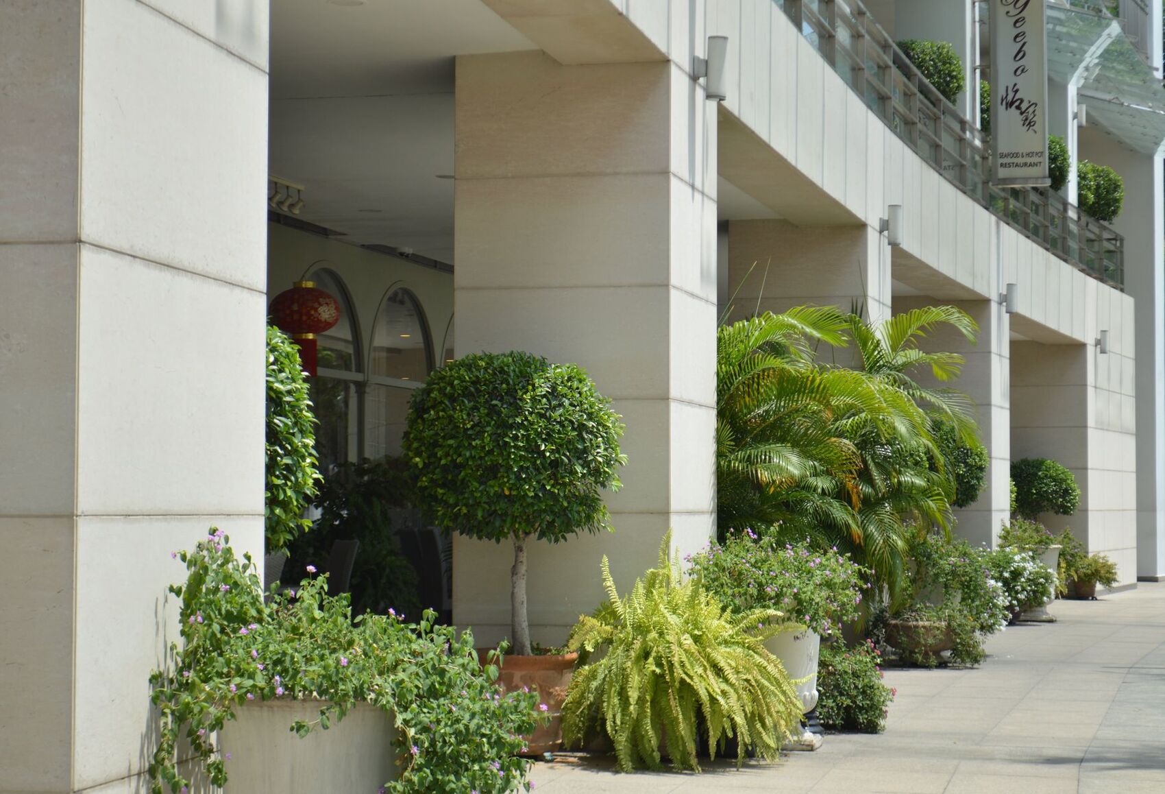 Modern commercial building frontage with maintained planters and landscaping