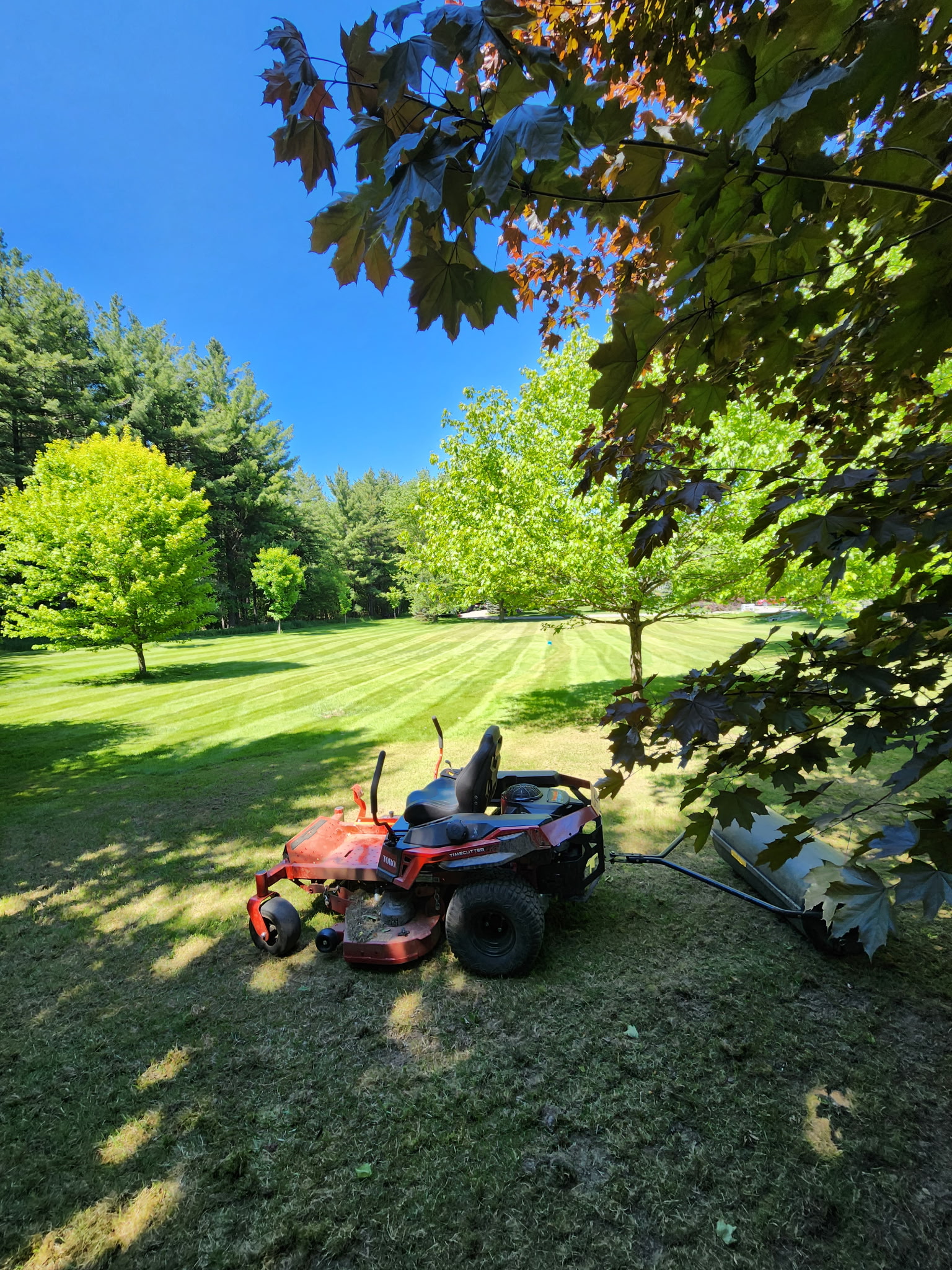 Commercial zero-turn mower on a striped estate lawn
