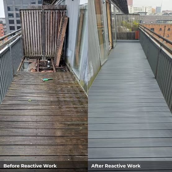 Before and after of a rotted commercial rooftop walkway rebuilt in composite decking