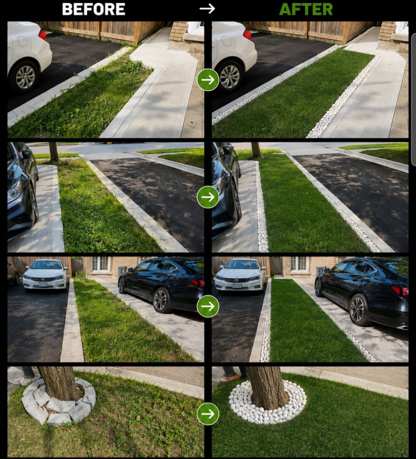 Before and after of driveway edging with new sod strips and white stone borders