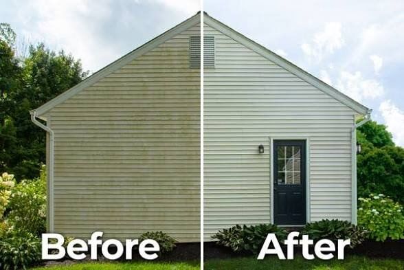 Before and after comparison of a full house elevation soft washed