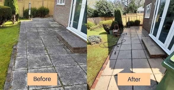 Before and after of a mossy slab patio pressure washed clean
